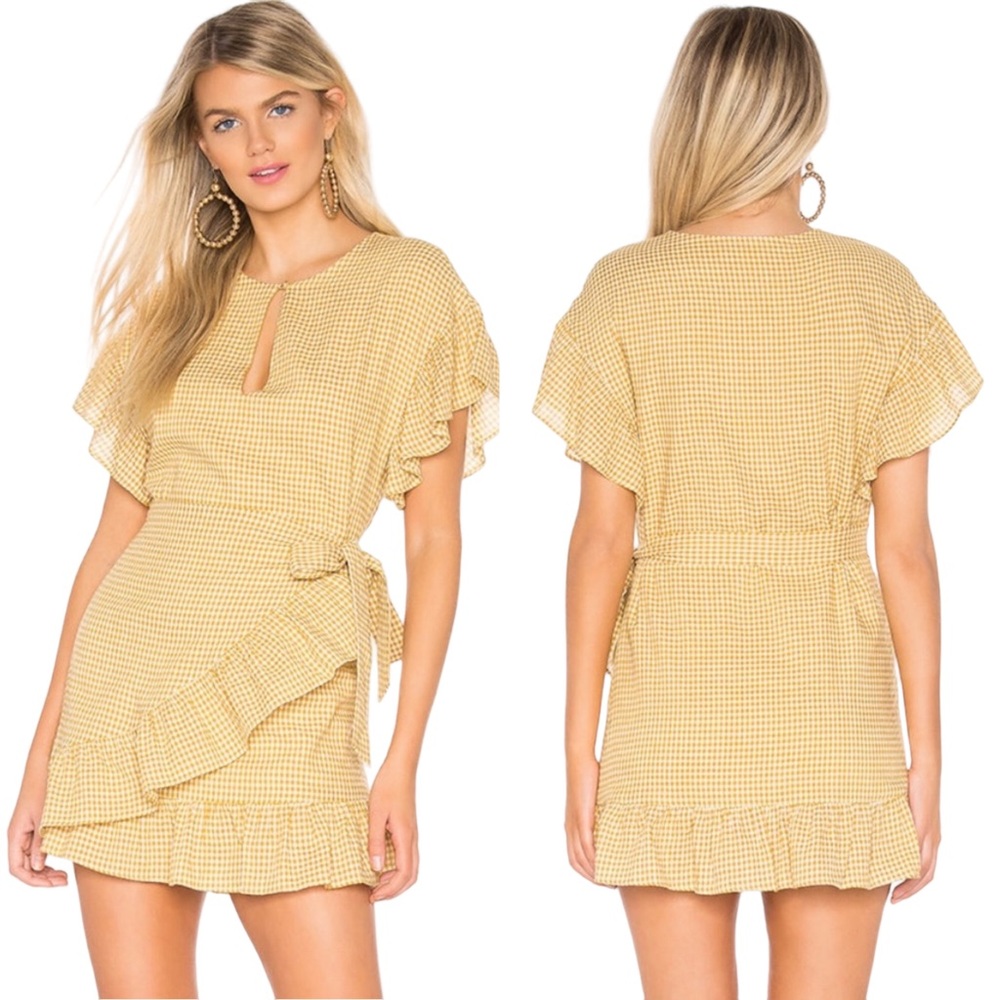 Tularosa | Jenny Gingham Ruffle Wrap Mini Dress Gold Size Medium